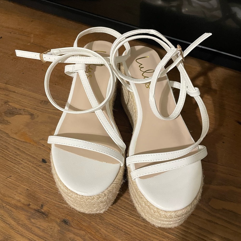 Lulus white and tan platform strappy sandals.